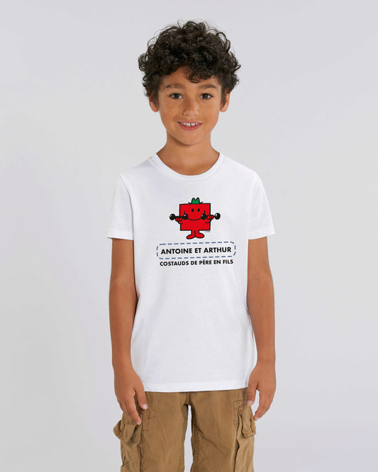 T-shirt garçon en coton bio personnalisable "Costauds de père en fils"